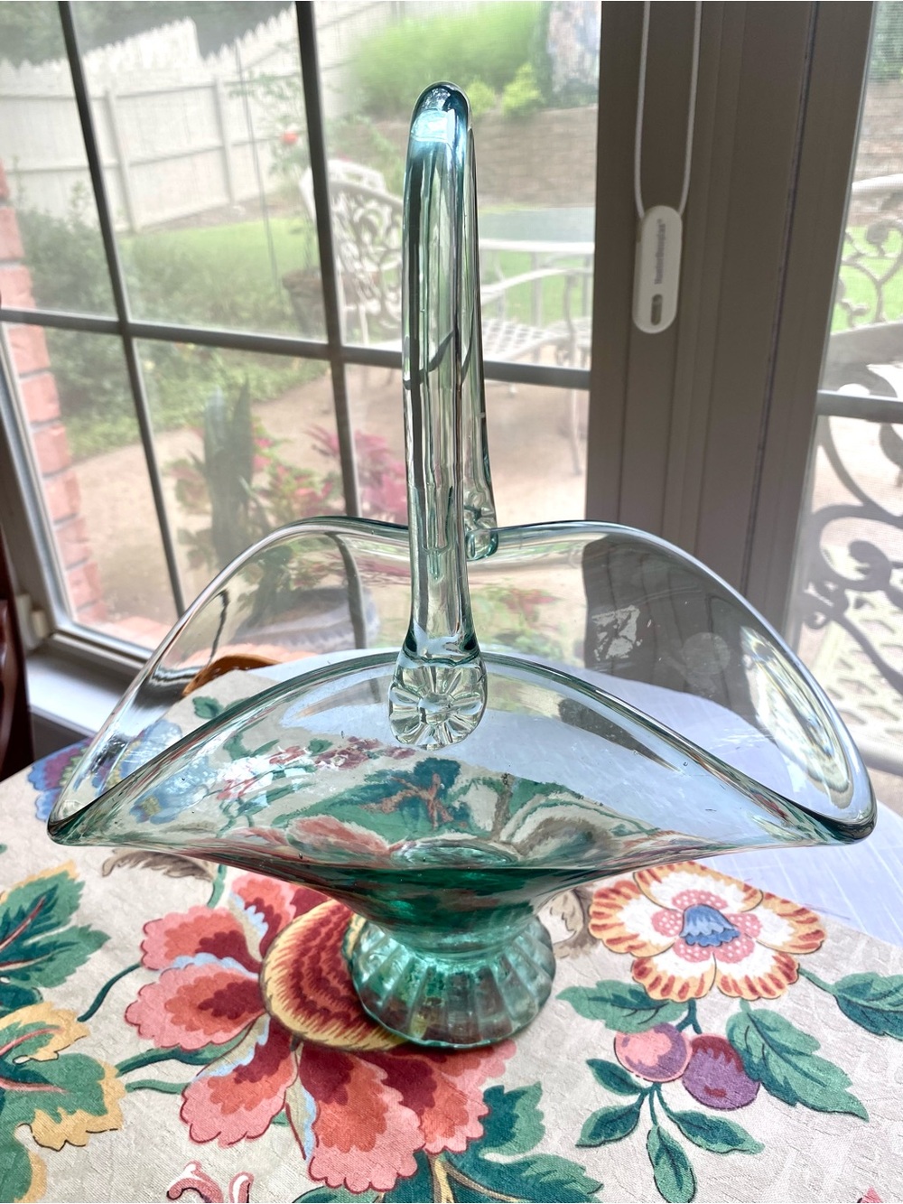 Vintage Aqua Glass Pedestal Basket with Handle Pristine